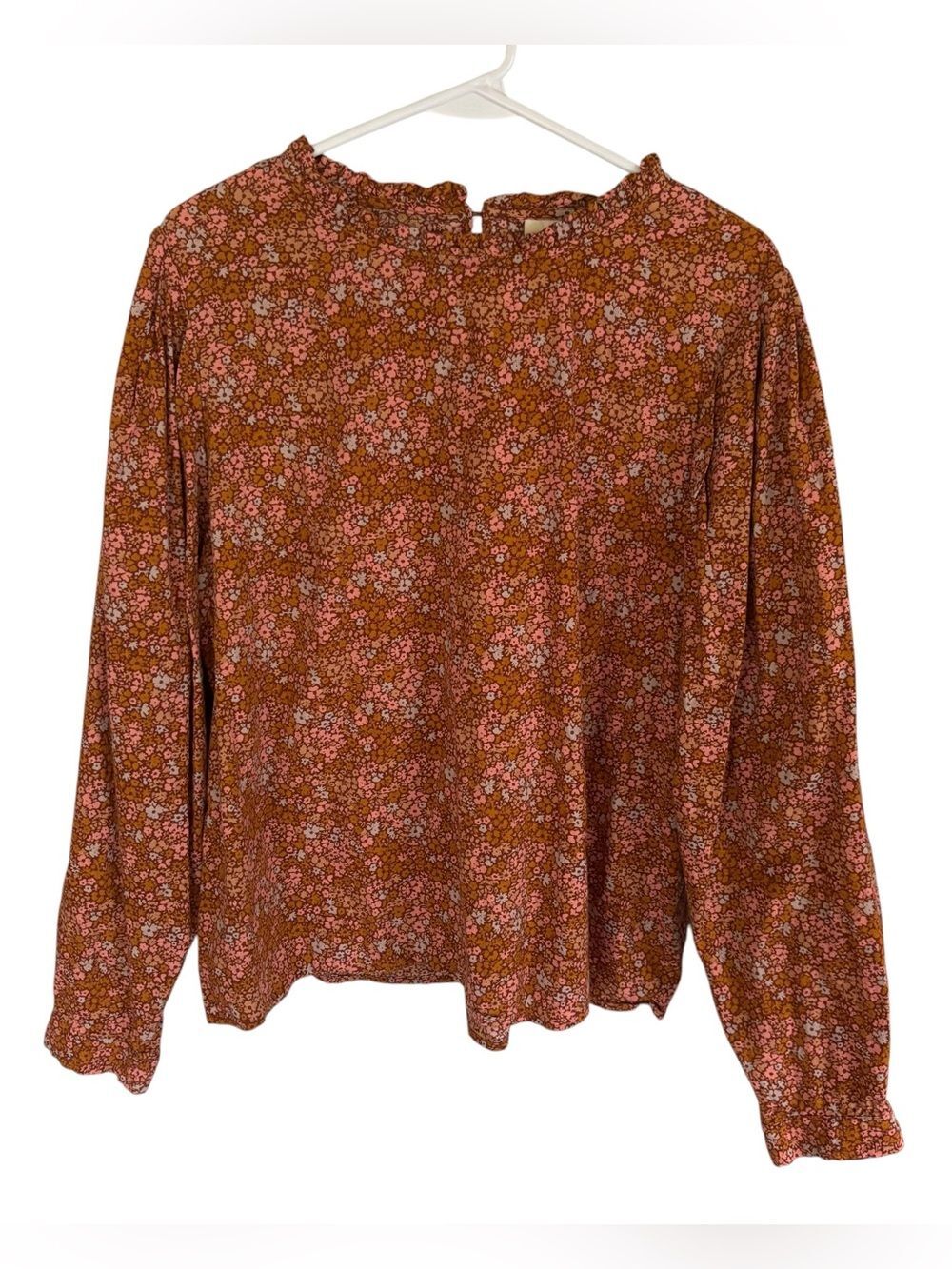 Universal Thread Brown Floral Ruffle-Neck Long Sleeve Top Cottagecore Bohemian
